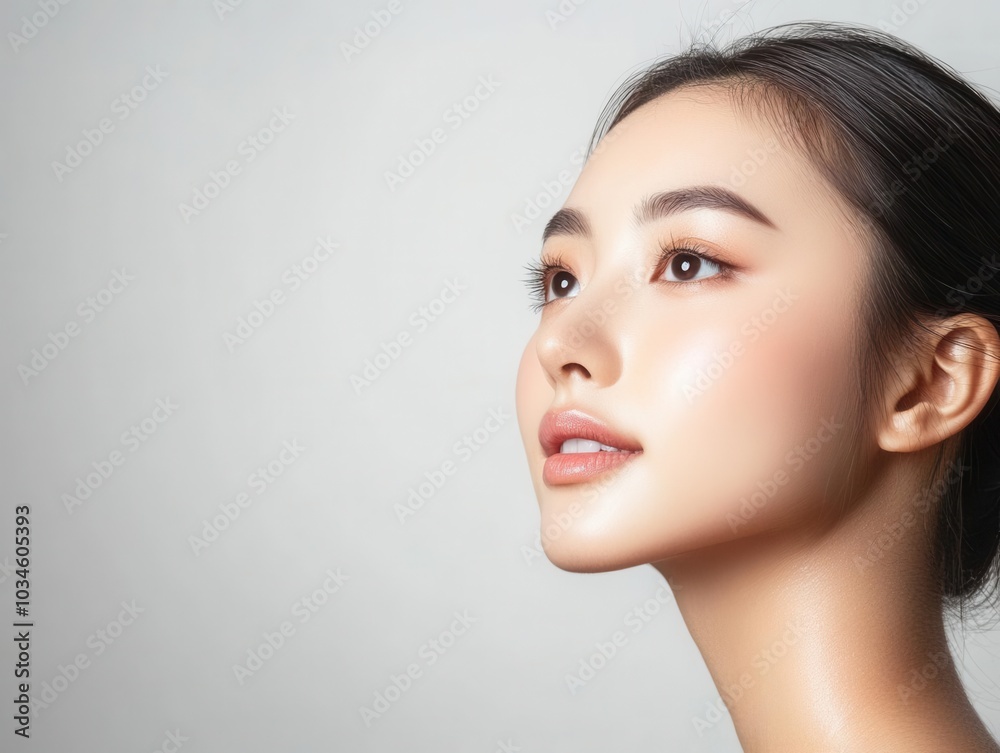 Close-up portrait of a young woman with clear skin, highlighting beauty and elegance with soft natural lighting on a gray background.