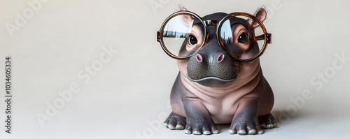 Glossy baby hippo wearing oversized glasses, sitting on plain white background, main keyword baby hippo with glasses, concept cute and quirky photo