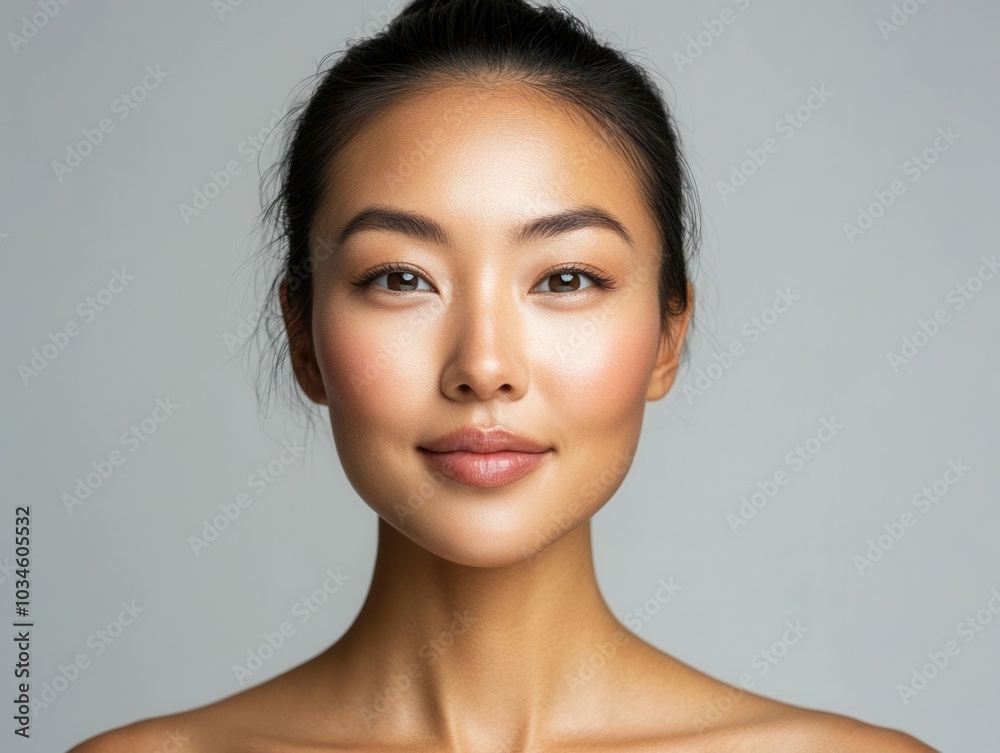 Portrait of a serene young woman with a flawless complexion and neutral background, embodying natural beauty and elegance. Portrait of a serene young woman with a flawless complexion and neutral background, embodying natural beauty and elegance.