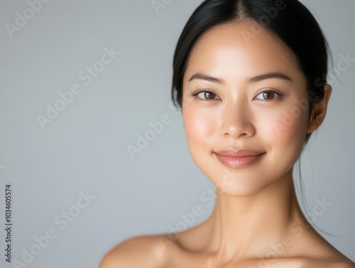 Portrait of a woman with a serene smile and clear skin, set against a neutral background, radiating natural beauty and tranquility.