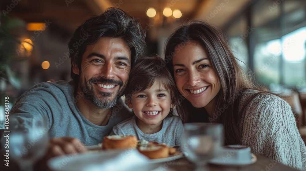 A joyful family shares a delightful meal, smiling warmly at the camera while surrounded by a cozy restaurant atmosphere on a sunny day. A joyful family shares a delightful meal, smiling warmly at the camera while surrounded by a cozy restaurant atmosphere on a sunny day.