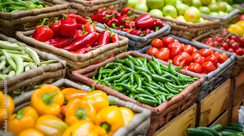 Display of Fresh Vegetables and Fruits in a Market Setting 