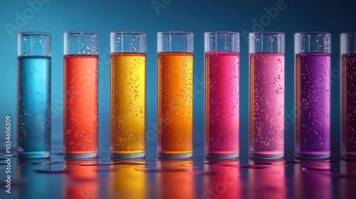 test tubes filled with vibrant liquids arranged in a row captured in high detail against a blue and red backdrop representing the essence of laboratory science and experimentation