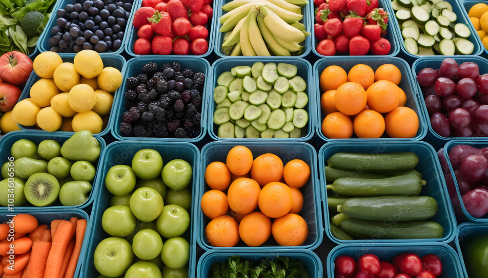 Variety of fresh fruits and vegetables in blue baskets arranged on a market table
Variety of fresh fruits and vegetables in blue baskets arranged on a market table
