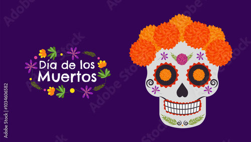 Day of Dead. Dia De Los Muertos. Traditional Mexican holiday honoring the souls of the deceased. Sugar skulls calaveras marigold flowers bones. Design postcard banner. Vector.