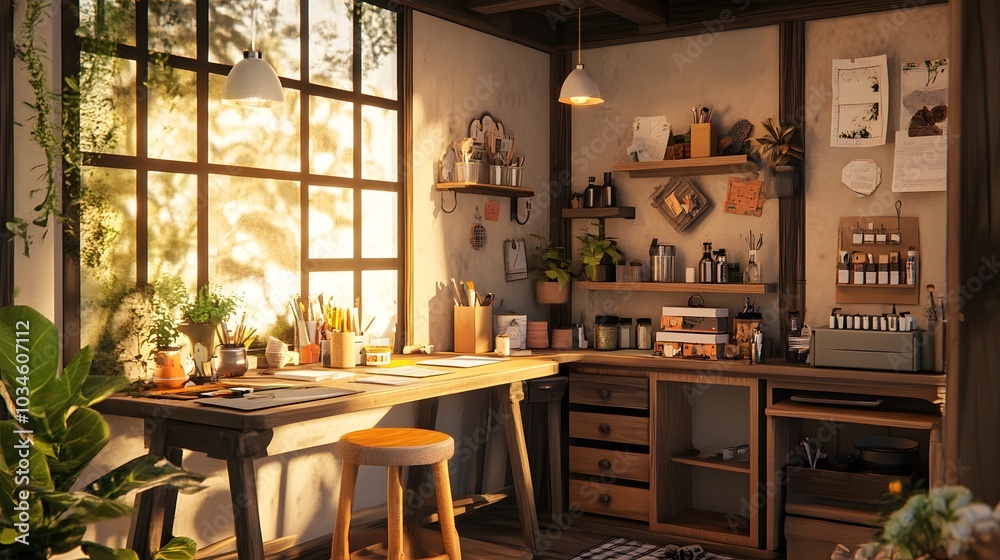 159. A cozy craft corner with supplies and an area for a product 159. A cozy craft corner with supplies and an area for a product