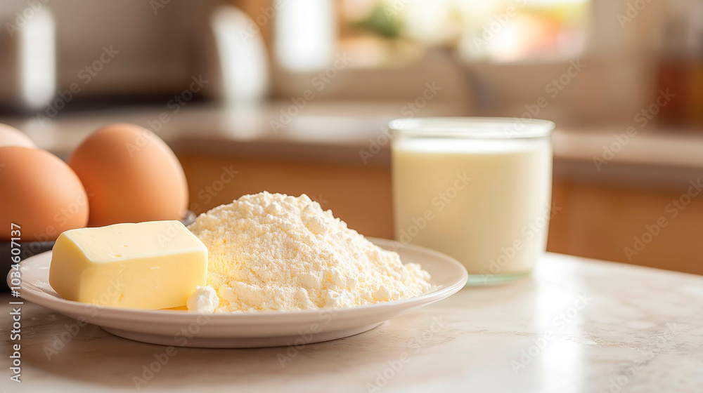 Close-up of plate with flour and stick of butter, accompanied by eggs and cup of milk on kitchen table Close-up of plate with flour and stick of butter, accompanied by eggs and cup of milk on kitchen table