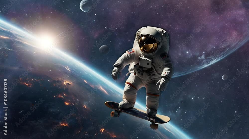 An astronaut skateboards in space. Seamless 4K looping timelapse video animation background