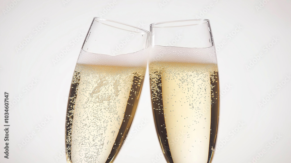 Close-up of champagne glasses clinking for a toast, white background Close-up of champagne glasses clinking for a toast, white background