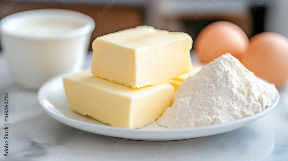 Baking ingredients butter, flour and eggs on marble table Baking ingredients butter, flour and eggs on marble table