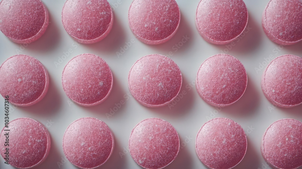top view of an array of blush pink round pills neatly arranged on a pristine white surface showcasing a delicate and aesthetic appearance ideal for a pharmaceutical or wellness theme top view of an array of blush pink round pills neatly arranged on a pristine white surface showcasing a delicate and aesthetic appearance ideal for a pharmaceutical or wellness theme