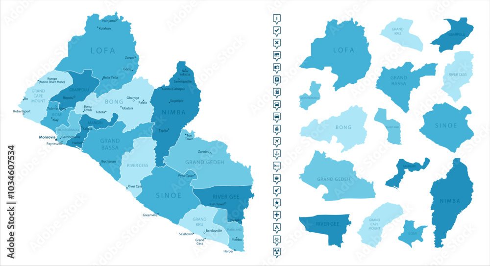 Fototapeta premium Liberia - detailed map of the country in blue colors, divided into regions. Infographic icons. Vector illustration.
