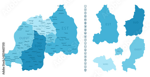 Rwanda - detailed map of the country in blue colors, divided into regions. Infographic icons. Vector illustration.
