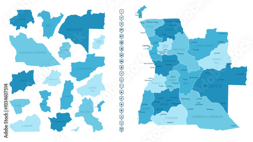 Angola - detailed map of the country in blue colors, divided into regions. Infographic icons. Vector illustration.