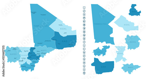 Mali - detailed map of the country in blue colors, divided into regions. Infographic icons. Vector illustration.