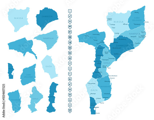 Mozambique - detailed map of the country in blue colors, divided into regions. Infographic icons. Vector illustration.