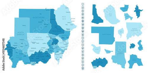 Sudan - detailed map of the country in blue colors, divided into regions. Infographic icons. Vector illustration.