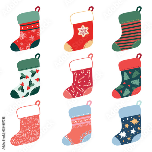 Christmas vector colourful socks decorated with different festive patterns