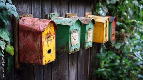 Four vintage mailboxes in various colors mounted on a wooden fence, surrounded by greenery.