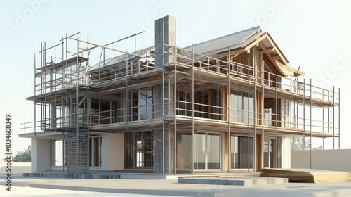 A partially constructed house surrounded by scaffolding, showcasing architectural development.