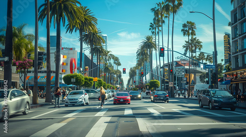 Urban Crosswalk on a Busy Street Lined with Palm Trees and Modern Vehicles 