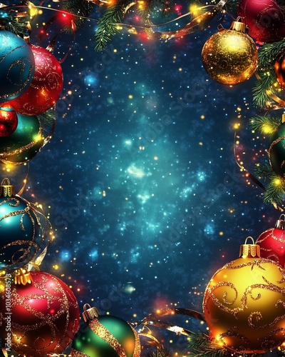 Festive holiday ornaments with dreamy lights in blue background