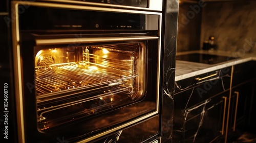 A modern oven with warm lighting, showcasing its interior and sleek kitchen design.