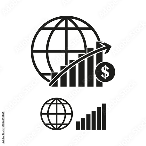 Global growth icon. Financial graph symbol. Dollar and globe image. Black vector.