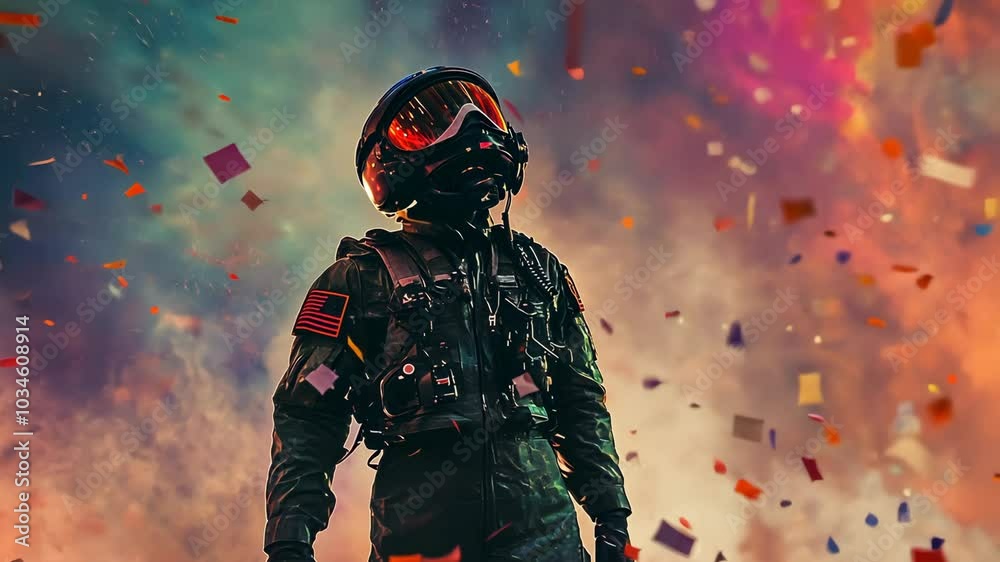 A pilot in a black helmet and jumpsuit stands in front of a colorful, confetti-filled sky A pilot in a black helmet and jumpsuit stands in front of a colorful, confetti-filled sky