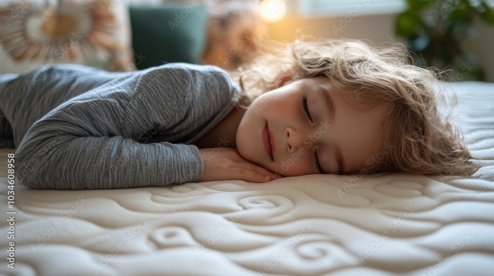 A peaceful child sleeps comfortably on a soft mattress amidst a cozy indoor setting. A peaceful child sleeps comfortably on a soft mattress amidst a cozy indoor setting.