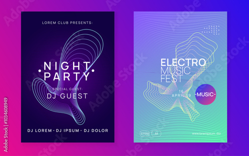 Discotheque Flyer. Blue Party Set. Nightclub Radio Invitation. Edm Banner. Festival Vector. Pink Fest Design. Techno Electro Template. Violet Discotheque Flyer