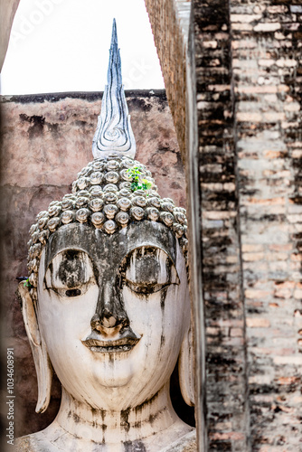 The background of one of the important tourist attractions in Sukhothai Historical Park, Wat Si Chum, has a large Buddha statue that is hundreds of years old for tourists to learn about its history. photo