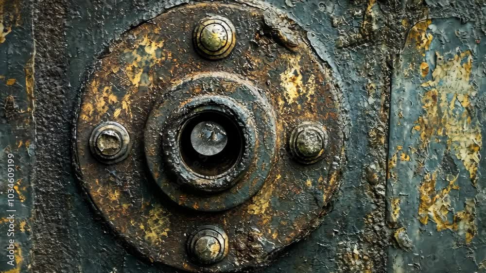 A close-up of a rusty metal object with bolts and a small hole in the center A close-up of a rusty metal object with bolts and a small hole in the center