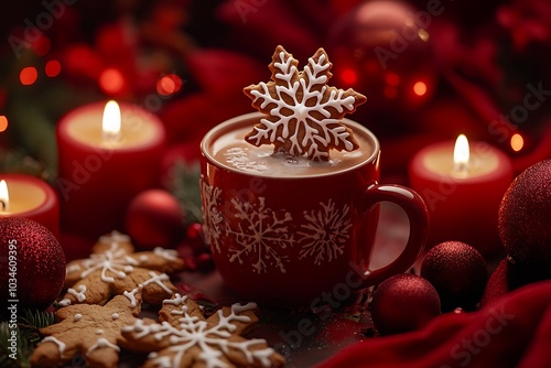 A cup of hot cocoa with a star-shaped cookie on the side, surrounded by warm and cozy decorations