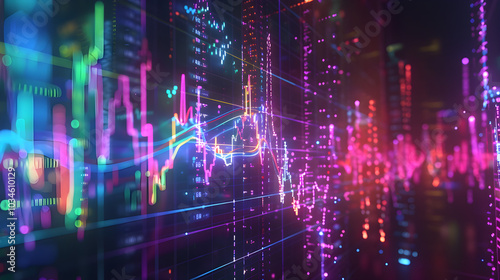 Dynamic Financial Market Graphs Illustrating Stock Trends and Economic Data in Vibrant Colors 