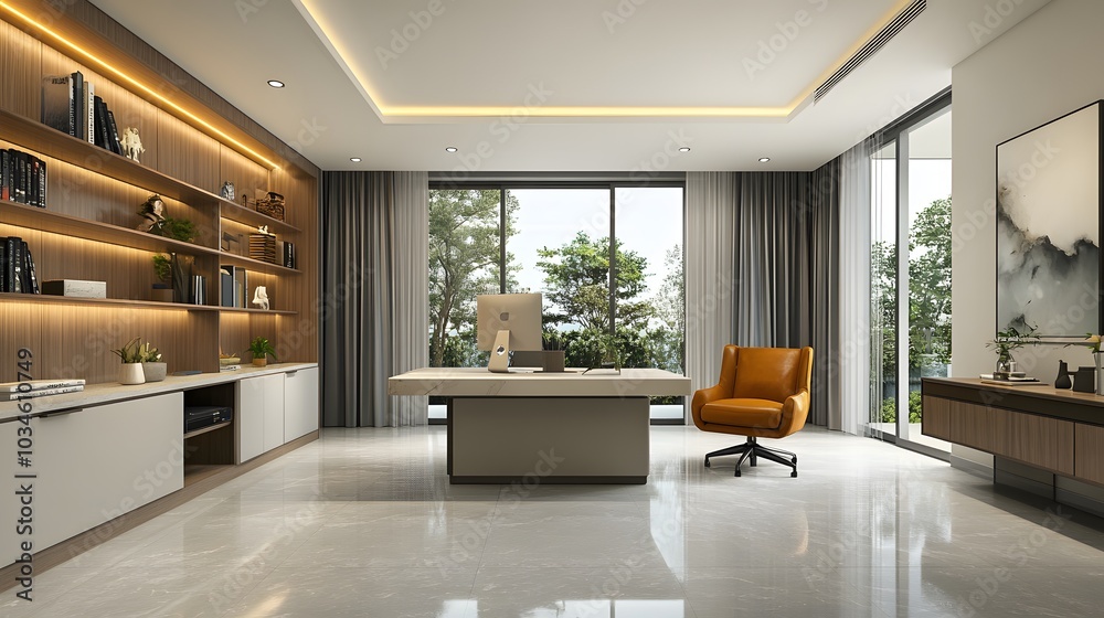 Fototapeta premium 147. A bright and airy home office with decor and an open area for a product