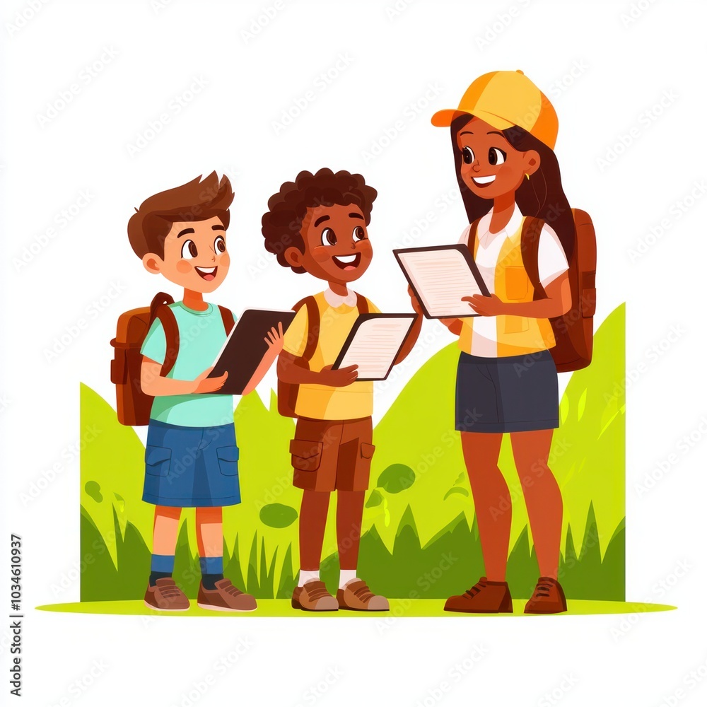 Engaging outdoor learning experience children exploring nature with a guide Engaging outdoor learning experience children exploring nature with a guide