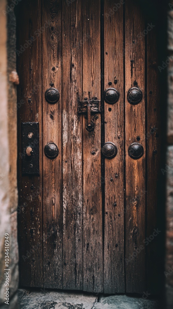 Old rustic weathered wooden door with metal details showing texture Old rustic weathered wooden door with metal details showing texture