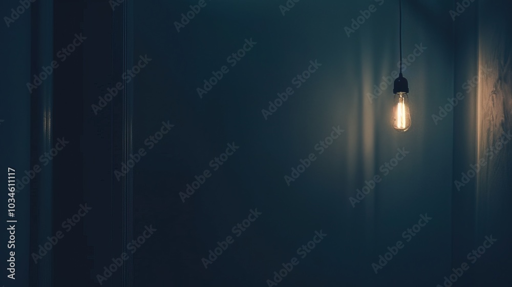 Dark empty room with single flickering light bulb casting long shadows, emphasizing absence of power and eerie atmosphere, minimalist setting with focus on light bulb's glow. Dark empty room with single flickering light bulb casting long shadows, emphasizing absence of power and eerie atmosphere, minimalist setting with focus on light bulb's glow.