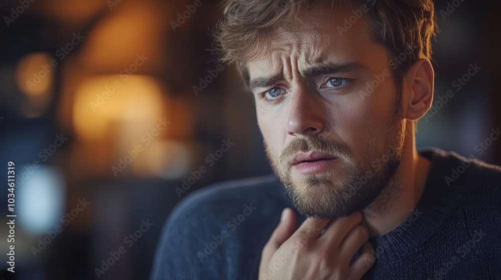 young man in a contemporary office visibly coughing with a hand on his chest capturing the atmosphere of health concerns in a modern work environment young man in a contemporary office visibly coughing with a hand on his chest capturing the atmosphere of health concerns in a modern work environment