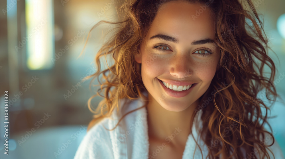 Cute woman smiling in a bathrobe, with long curly hair and a white robe, in the beautiful morning light in the bathroom, with professional photography Cute woman smiling in a bathrobe, with long curly hair and a white robe, in the beautiful morning light in the bathroom, with professional photography