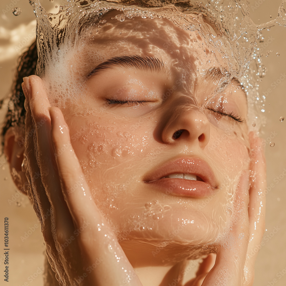 beautiful mid age woman washes her face with water, she has a serene expression, against a beige background, in an advertisement for a skin rejuvenation. beautiful mid age woman washes her face with water, she has a serene expression, against a beige background, in an advertisement for a skin rejuvenation.