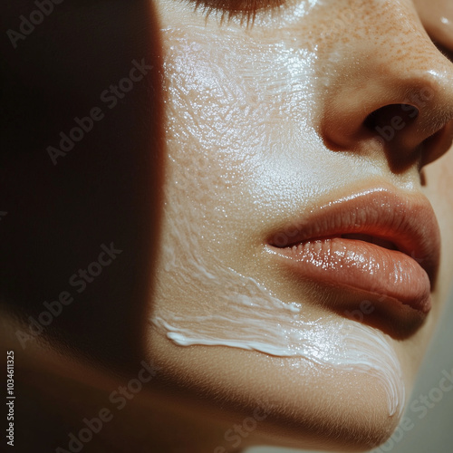 Beautiful woman skincare cream routine