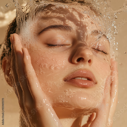  beautiful mid age woman washes her face with water, she has a serene expression, against a beige background, in an advertisement for a skin rejuvenation.
