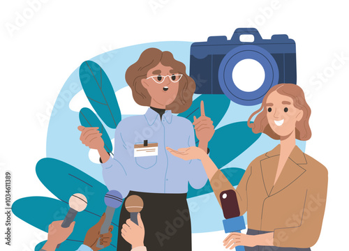 Interview from woman. Young girl with microphone interviews businesswoman. Mass media and journalism. Reporters with microphones. Flat vector illustration isolated on white background