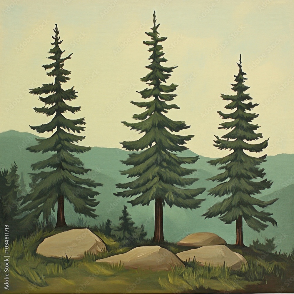 Fototapeta premium Serene landscape of evergreen trees and rocky outcrops in nature's embrace
