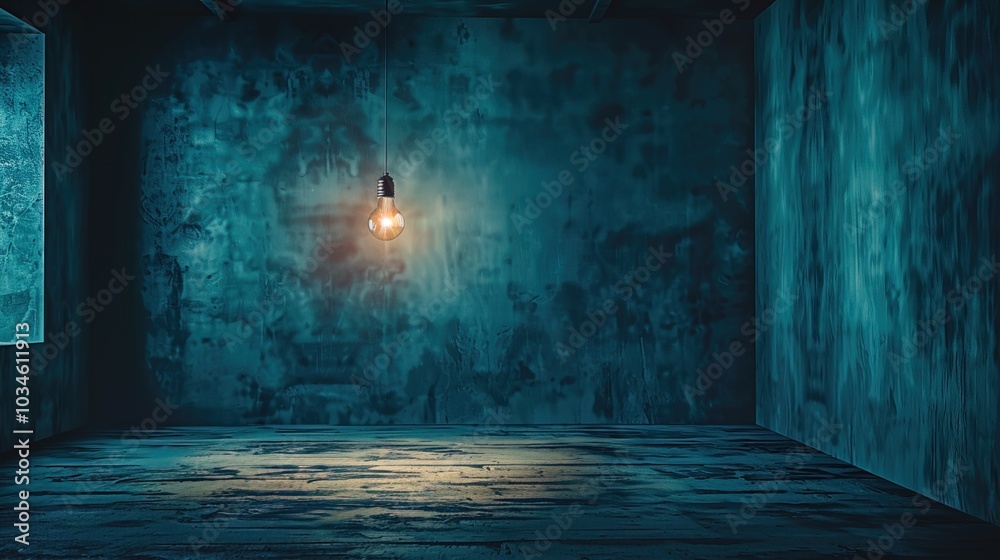 Dark empty room with single flickering light bulb casting long shadows, emphasizing absence of power and eerie atmosphere, minimalist setting with focus on light bulb's glow. Dark empty room with single flickering light bulb casting long shadows, emphasizing absence of power and eerie atmosphere, minimalist setting with focus on light bulb's glow.