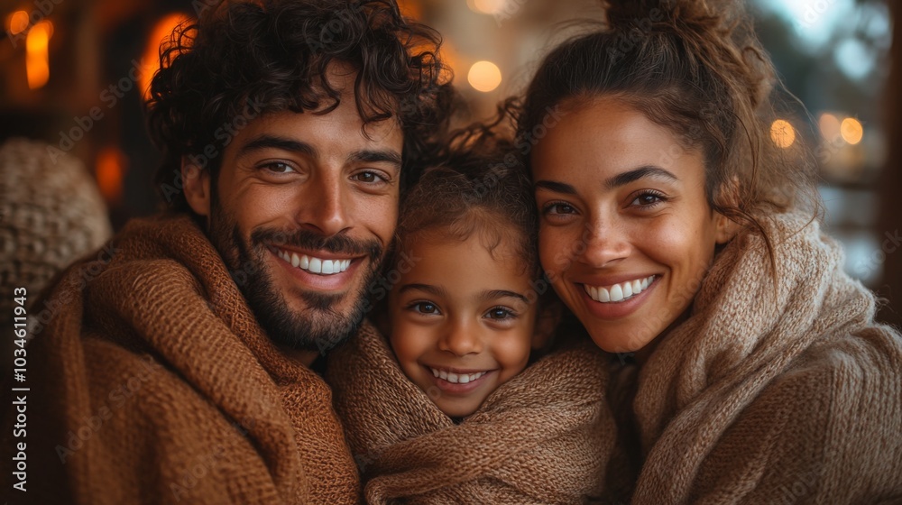 A joyful family of three, bundled in warm blankets, smiles radiantly while sharing a cozy moment indoors on a chilly evening, surrounded by soft lighting.