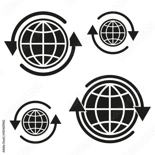 Globe icon. Circular arrows motion. Vector rotation symbol. Black and white design.