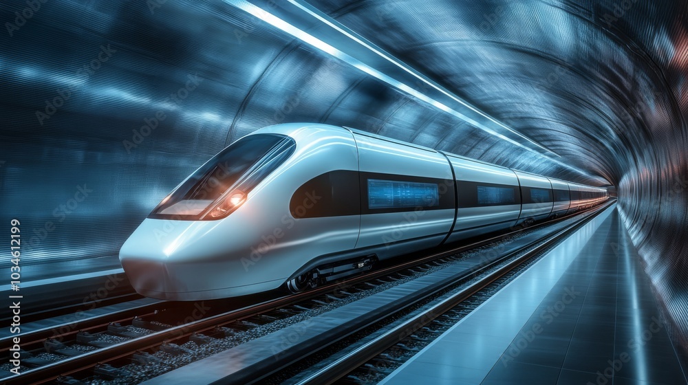 Fototapeta premium A futuristic train speeds through a sleek, illuminated tunnel, showcasing advanced technology and modern design in transportation.